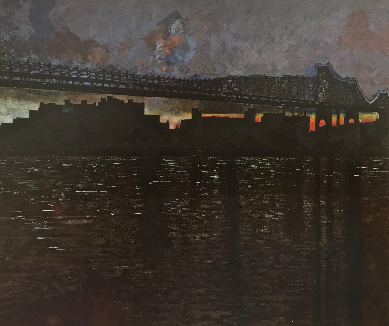 Big River, painting by Jorge Castillo: a bridge over dark water at dusk, the city in silhouette against a red band of sky