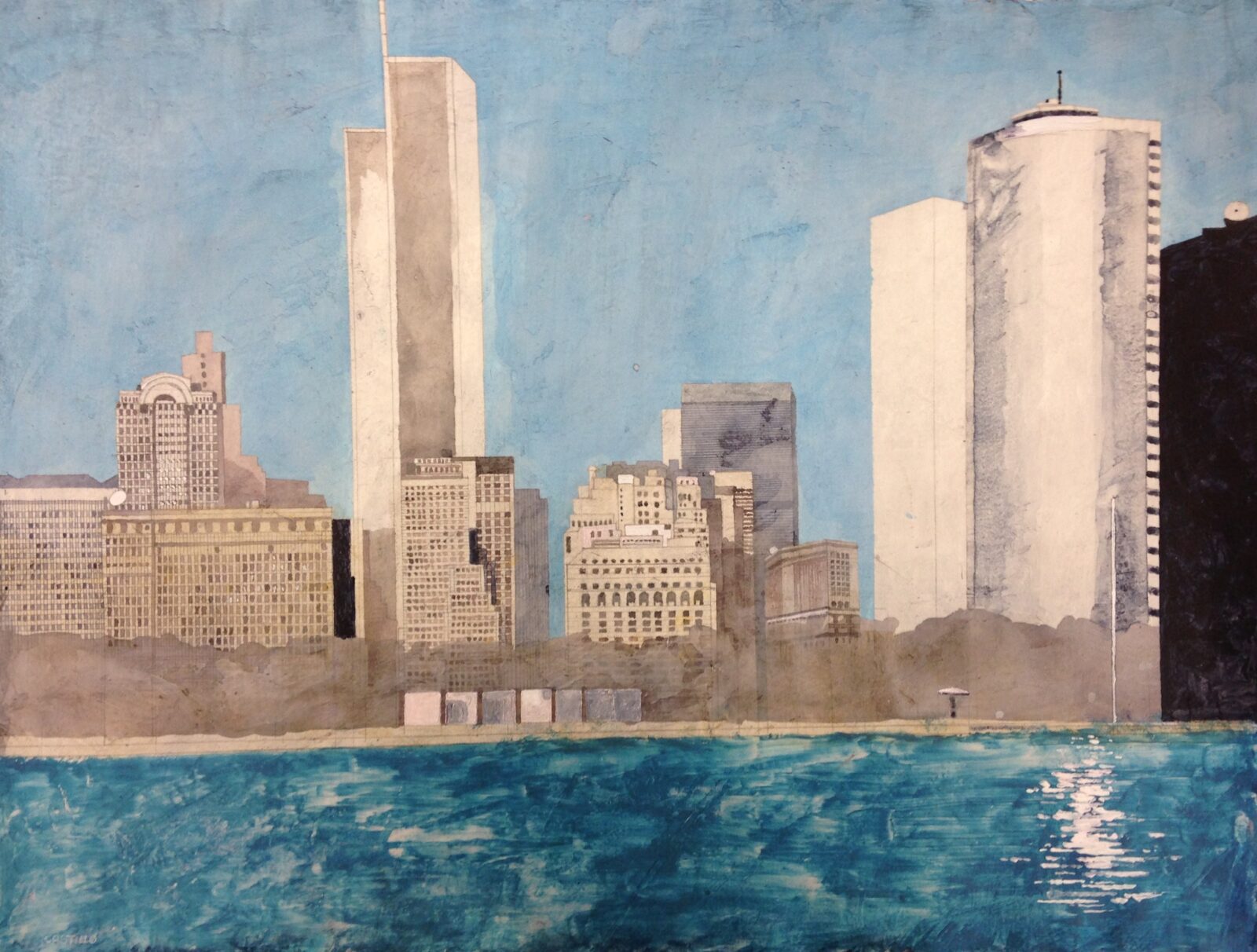 Las torres cerca del cielo, 1985. Acrylic and pencil on paper by Jorge Castillo.