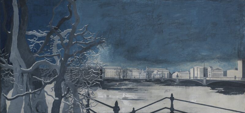 Vista nocturna de Estocolmo, 2014. Acrylic on canvas by Jorge Castillo: bare trees over a frozen waterfront under a night sky