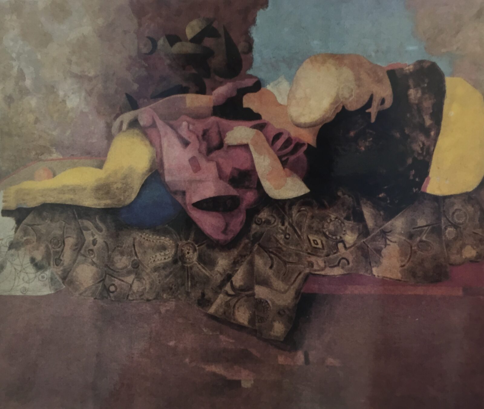 Girl reclining, 1986. Oil on canvas by Jorge Castillo: a figure lying on patterned cloth in ochre, pink and blue