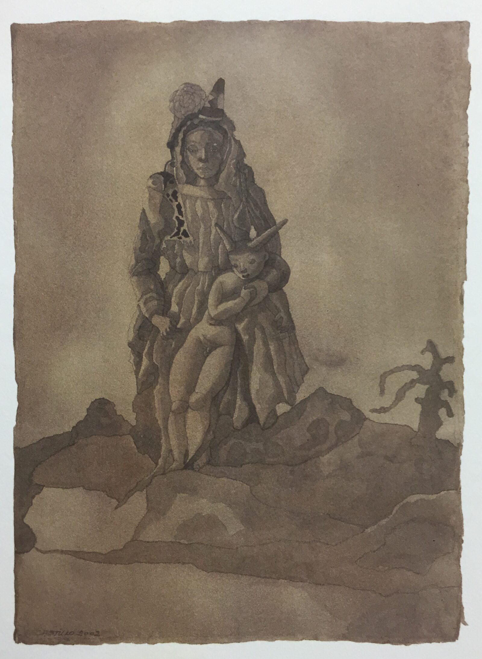 Maria con su niño, 2002. Pencil and India ink on paper by Jorge Castillo.